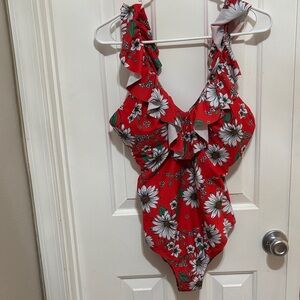 NWOT Red Floral Ruffle One-Piece Swimsuit